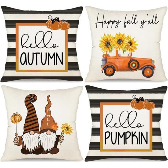 (Only Covers) Set of 4 Fall Pillow Covers 18x18 Hello Pumpkins Welcome Trucks - Picture 1 of 7